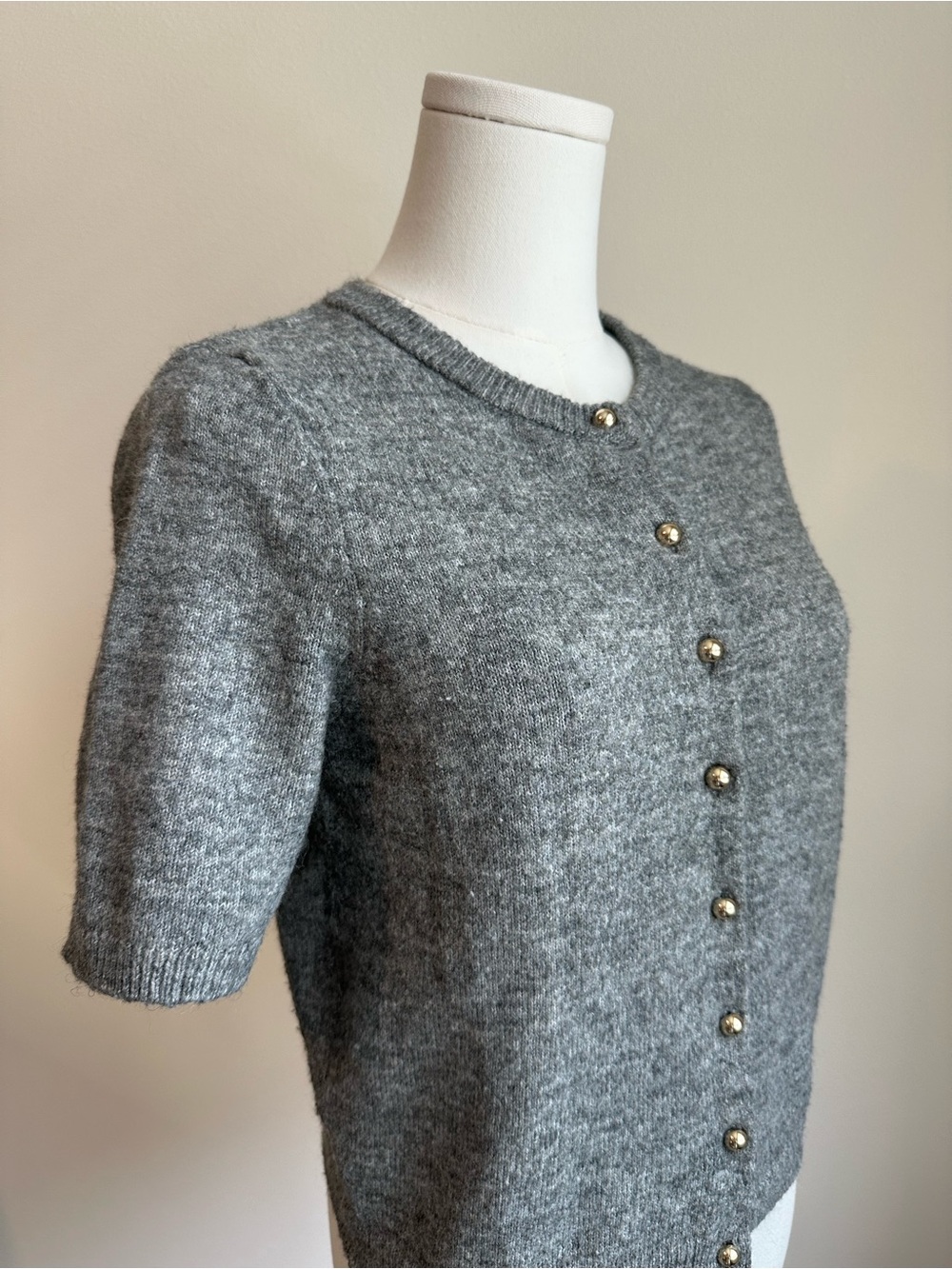 H&M Heather Grey Short-Sleeve Gold Button-Front Sweater | SIZE S - Picture 2 of 7